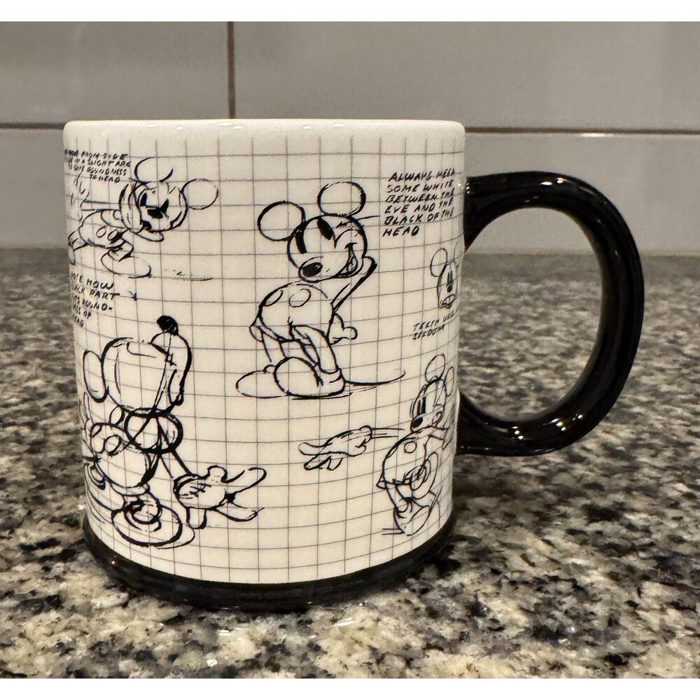 Disney Mickey Mouse Sketch Book Drawing Black & White Coffee Mug Cup Excellent